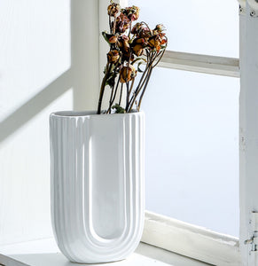 Gabel & Teller Ceramic U -Shaped Ribbed Vase 24cm - Matte White - ZOES Kitchen