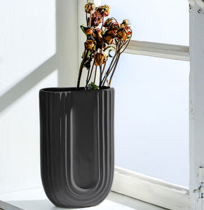 Gabel & Teller Ceramic U -Shaped Ribbed Vase 24cm - Matte Black - ZOES Kitchen