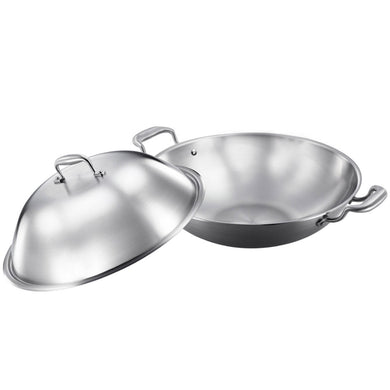 SOGA 3-Ply 38cm Stainless Steel Double Handle Wok Frying Fry Pan Skillet with Lid - ZOES Kitchen