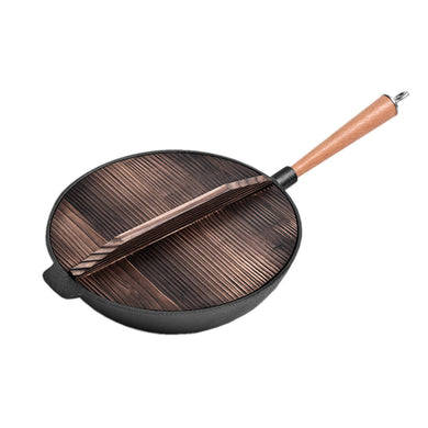 SOGA 31cm Commercial Cast Iron Wok FryPan Fry Pan with Wooden Lid - ZOES Kitchen