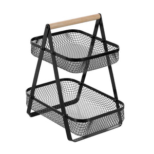 Box Sweden Mesh 2 Tier Bench Top Basket Stand Wood Handle 27x17x29cm Black - ZOES Kitchen