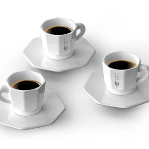 Bialetti White Octagonal Coffee Cups with Saucer - Set of 4