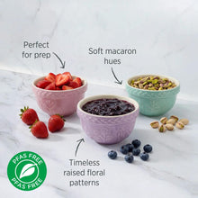 Load image into Gallery viewer, Wiltshire Baking Traditions Set of 3 Mini Prep Bowls 12x7cm Strawberry, Lavender &amp; Pistachio