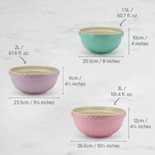 Load image into Gallery viewer, Wiltshire Baking Traditions Set of 3 Mixing Bowls 20.5cm, 23.5cm, 26.5cm Strawberry, Lavender &amp; Pistachio