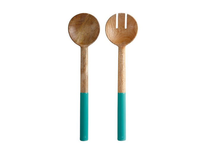 Maxwell & Williams Mezze Salad Servers Mango Wood Enamel Finish 31cm Jade - ZOES Kitchen