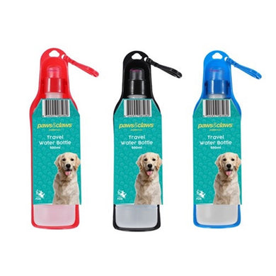 Paws & Claws Pet Travel Water Bottle 500ml 26x6x6cm - 3 Assorted Colours Red/Black/Blue - ZOES Kitchen