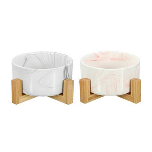Paws & Claws Ceramic Pet Bowl Marble W/Bamboo Stand 16cm 950ml - 2 Assorted Colours Grey/Pink - ZOES Kitchen