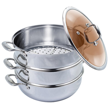 SOGA 3 Tier 30cm Heavy Duty Stainless Steel Food Steamer Vegetable Pot Stackable Pan Insert with Glass Lid - ZOES Kitchen