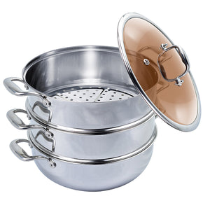 SOGA 3 Tier 30cm Heavy Duty Stainless Steel Food Steamer Vegetable Pot Stackable Pan Insert with Glass Lid - ZOES Kitchen