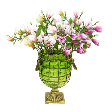 SOGA Green Glass Flower Vase with 6 Bunch 4 Heads Artificial Fake Silk Magnolia denudata Home Decor Set - ZOES Kitchen