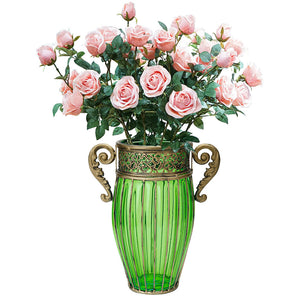 SOGA Green Glass Flower Vase with 8 Bunch 5 Heads Artificial Fake Silk Rose Home Decor Set - ZOES Kitchen