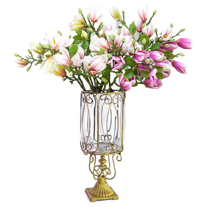 SOGA Clear Glass Cylinder Flower Vase with 6 Bunch 4 Heads Artificial Fake Silk Magnolia denudata Home Decor Set - ZOES Kitchen