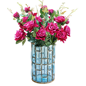 SOGA Blue Glass Cylinder Flower Vase with 8 Bunch 5 Heads Artificial Fake Silk Rose Home Decor Set - ZOES Kitchen