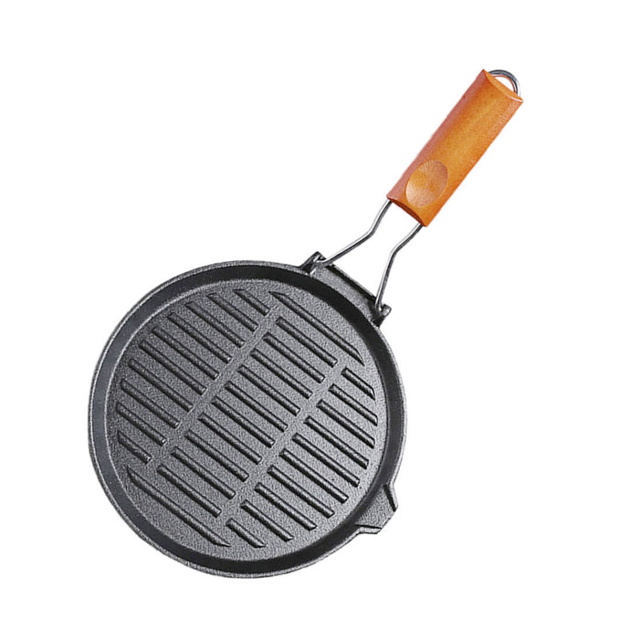 SOGA 24cm Round Ribbed Cast Iron Steak Frying Grill Skillet Pan with Folding Wooden Handle - ZOES Kitchen
