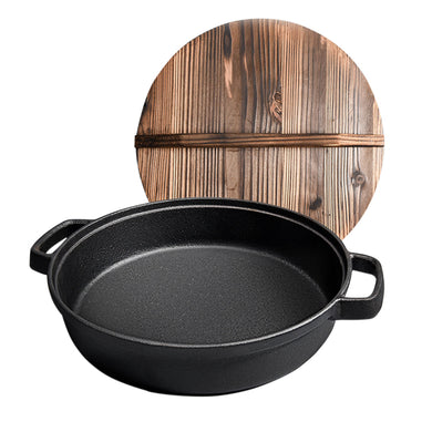SOGA 33cm Round Cast Iron Pre-seasoned Deep Baking Pizza Frying Pan Skillet with Wooden Lid - ZOES Kitchen