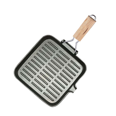 SOGA 28cm Ribbed Cast Iron Square Steak Frying Grill Skillet Pan with Folding Wooden Handle - ZOES Kitchen