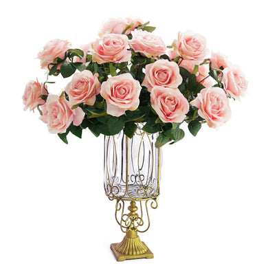 SOGA Clear Glass Cylinder Flower Vase with 4 Bunch 9 Heads Artificial Fake Silk Rose Home Decor Set - ZOES Kitchen
