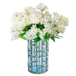 SOGA Blue Glass Cylinder Flower Vase with 10 Bunch 6 Heads Artificial Fake Silk Lilium nanum Home Decor Set - ZOES Kitchen