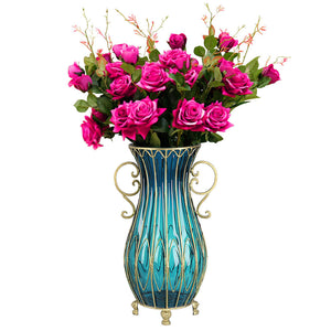 SOGA 51cm Blue Glass Tall Floor Vase with 12pcs Artificial Fake Flower Set - ZOES Kitchen