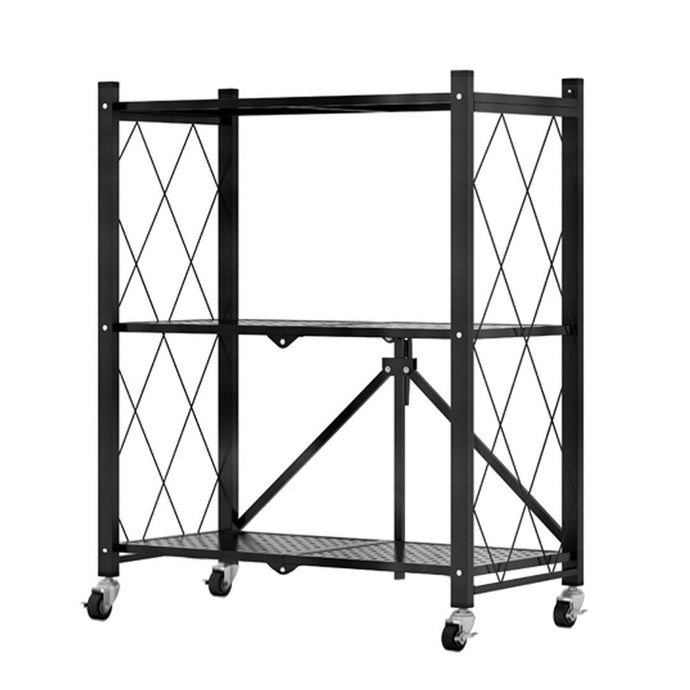 SOGA 3 Tier Steel Black Foldable Kitchen Cart Multi-Functional Shelves Portable Storage Organizer with Wheels - ZOES Kitchen