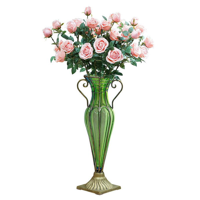SOGA Green Colored Glass Flower Vase with 8 Bunch 5 Heads Artificial Fake Silk Rose Home Decor Set - ZOES Kitchen