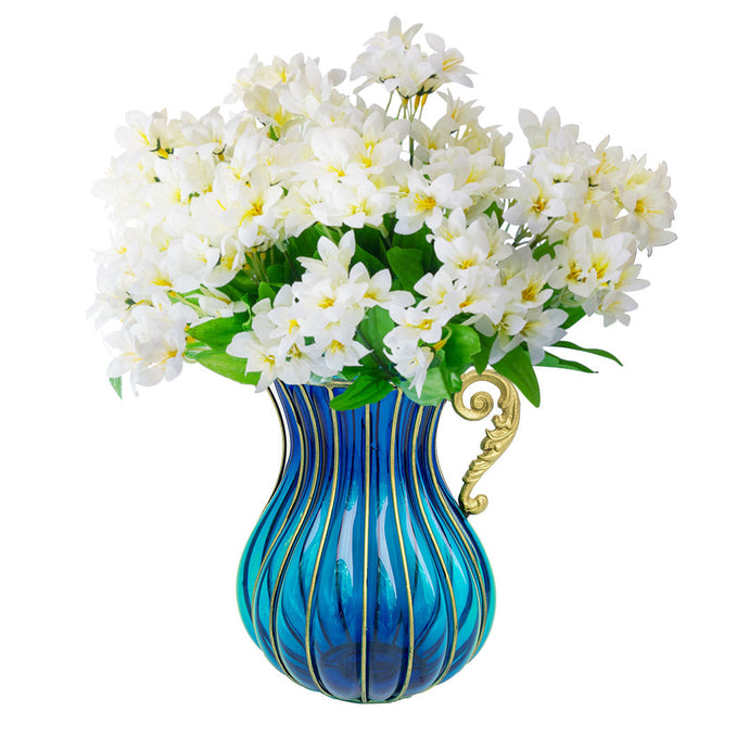 SOGA Blue Colored Glass Flower Vase with 10 Bunch 6 Heads Artificial Fake Silk Lilium nanum Home Decor Set - ZOES Kitchen