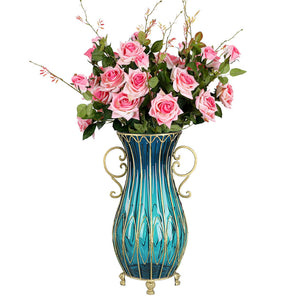 SOGA 51cm Blue Glass Tall Floor Vase with 12pcs Pink Artificial Fake Flower Set - ZOES Kitchen