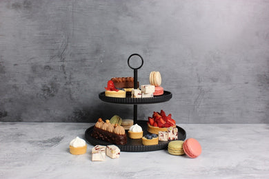 Gabel & Teller Matte Black Ceramic 2 Tier Serving Platter with Matte Black Stainless Steel Handle Top Tier: 20cm, Bottom Tier: 28cm - ZOES Kitchen