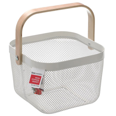 Box Sweden Mesh Storage Basket 25x25x17cm W/Wooden Handle - Red, White Or Black - ZOES Kitchen