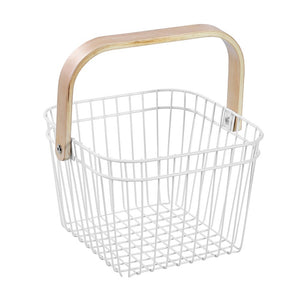 Box Sweden Wire Storage Basket Birch Wood Handle 24x24x17cm White - ZOES Kitchen