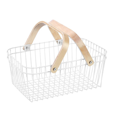 Box Sweden Wire Storage Basket Birch Wood Handle 39x24x16cm White - ZOES Kitchen