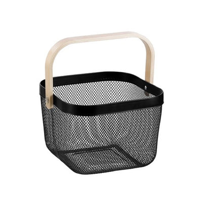 Box Sweden Mesh Storage Basket 25x25x17cm W/Birch Wood Handle - Black - ZOES Kitchen