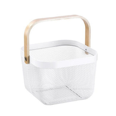 Box Sweden Mesh Storage Basket 25x25x17cm W/Birch Wood Handle - White - ZOES Kitchen