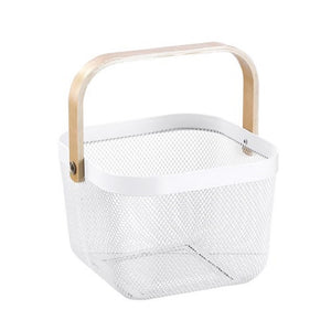 Box Sweden Mesh Storage Basket 25x25x17cm W/Birch Wood Handle - White - ZOES Kitchen