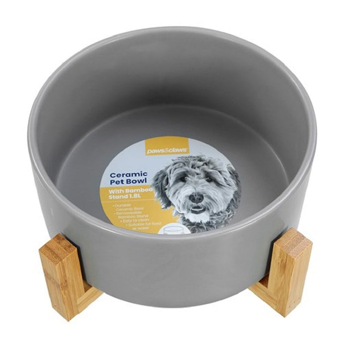 Paws & Claws 1 x Ceramic Pet Bowl W/Bamboo Stand 19cm - 3 Assorted Colours - ZOES Kitchen