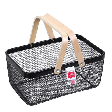 Box Sweden Mesh Storage Basket 40x25x17cm With Wooden Handle - Black
